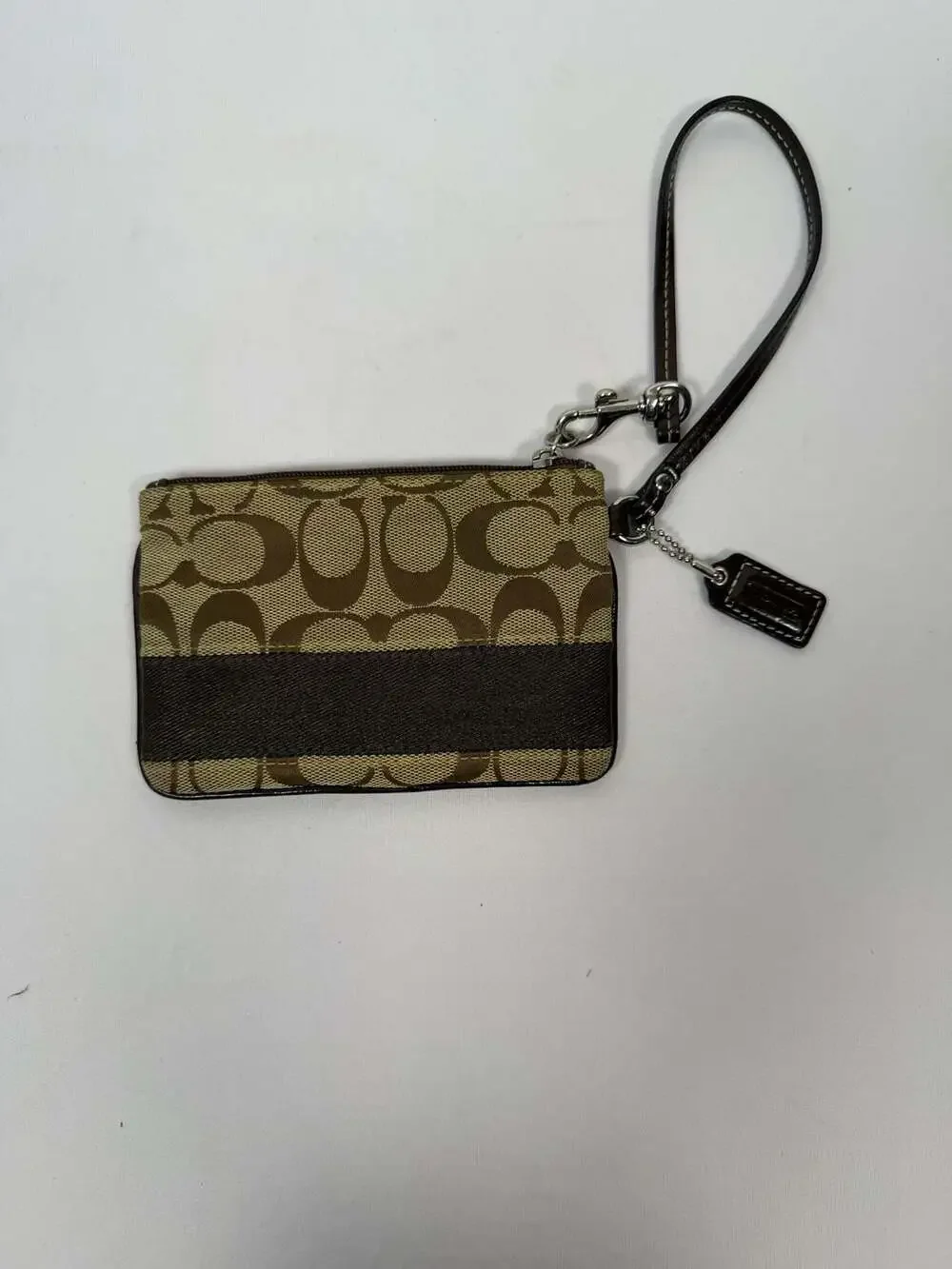 Coach Signature Monogram Brown Canvas and Leather Wristlet Pouch